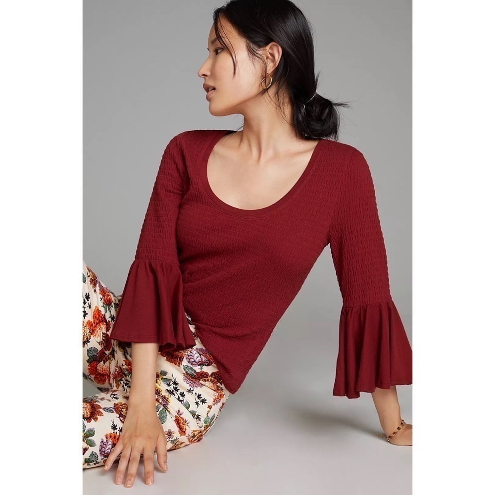 Anthropologie Blouse Smocked Bell-Sleeve Top Shirt in Wine M